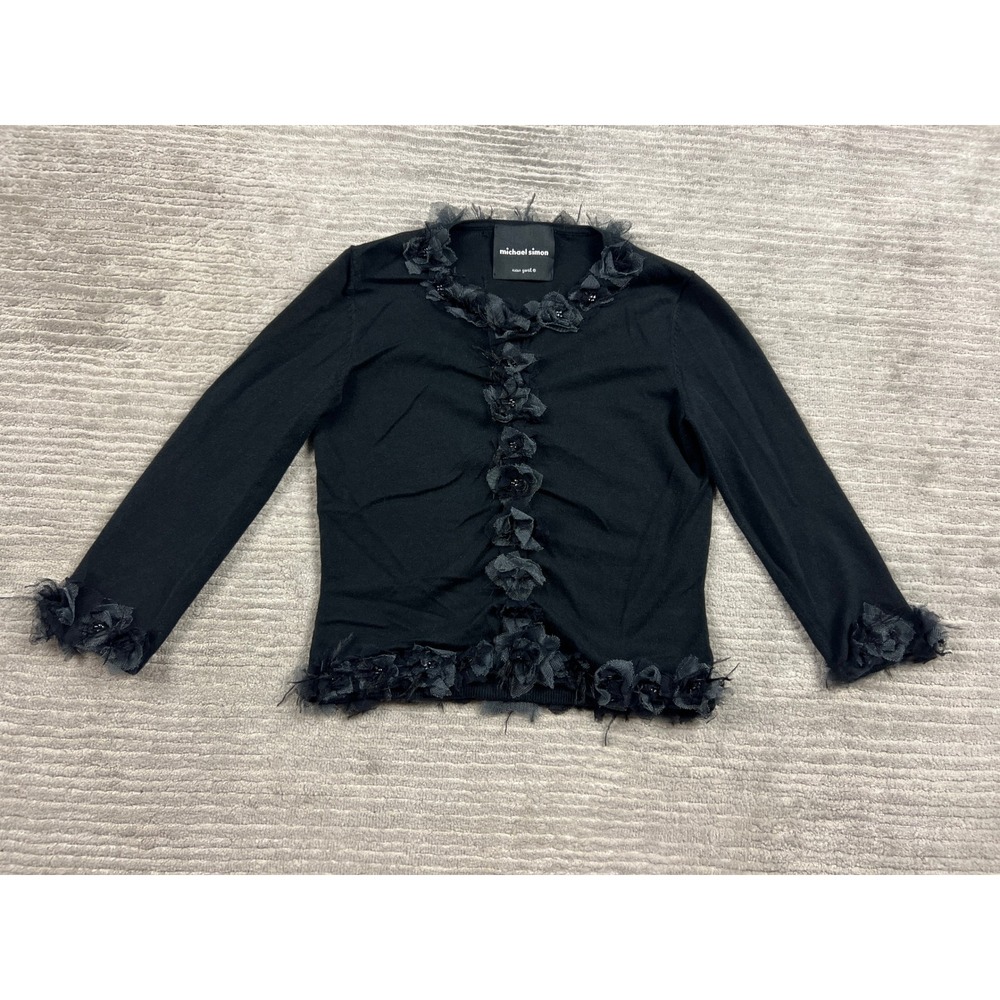 Michael Simon Cardigan Womens M Black 3D Floral Mesh‎ Applique Beaded Whimsical